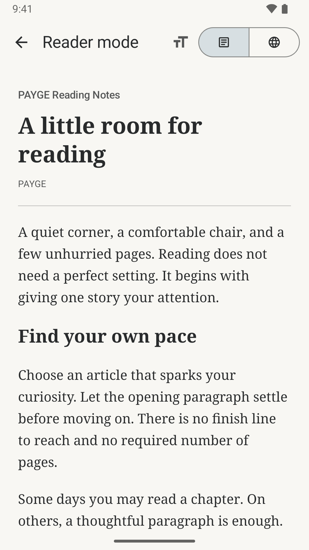 PAYGE web reader in Paper palette