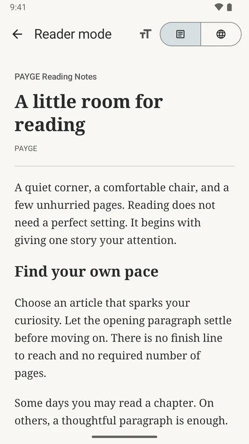 PAYGE web reader in Paper palette
